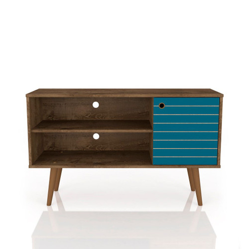 Manhattan Comfort Liberty 42.52" Mid-Century - Modern TV Stand with 2 Shelves and 1 Door in Rustic Brown and Aqua Blue