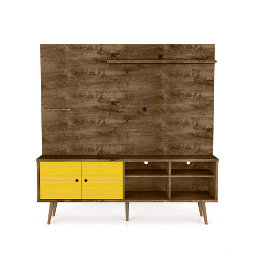 Manhattan Comfort Liberty 70.87" Freestanding Entertainment Center with Overhead shelf in Rustic Brown and Yellow