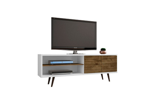 Manhattan Comfort Liberty 62.99" Mid-Century - Modern TV Stand with 3 Shelves and 2 Doors in White and Rustic Brown with Solid Wood Legs