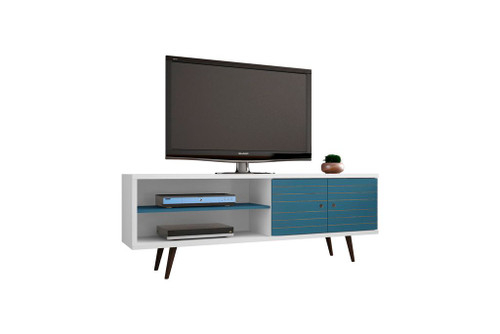 Manhattan Comfort Liberty 62.99" Mid-Century - Modern TV Stand with 3 Shelves and 2 Doors in White and Aqua Blue with Solid Wood Legs