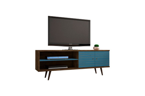 Manhattan Comfort Liberty 62.99" Mid-Century - Modern TV Stand with 3 Shelves and 2 Doors in Rustic Brown and Aqua Blue with Solid Wood Legs