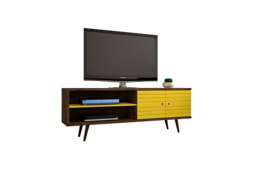 Manhattan Comfort Liberty 62.99" Mid-Century - Modern TV Stand with 3 Shelves and 2 Doors in Rustic Brown and Yellow with Solid Wood Legs