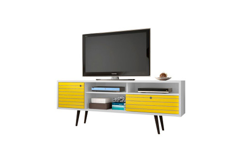 Manhattan Comfort Liberty 70.86" Mid-Century - Modern TV Stand with 4 Shelving Spaces and 1 Drawer in White and Yellow with Solid Wood Legs