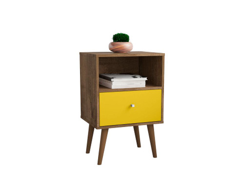 Manhattan Comfort Liberty Mid-Century - Modern Nightstand 1.0 with 1 Cubby Space and 1 Drawer in Rustic Brown and Yellow