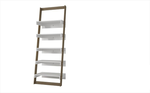 Manhattan Comfort Brilliant Carpina Ladder Shelf with 5- Floating Shelves in an Oak Frame and White Shelves