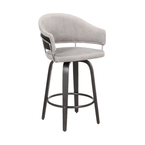 Doral 26" Gray Velvet Barstool in Black Powder Coated Finish with Chrome and Black Brushed Wood