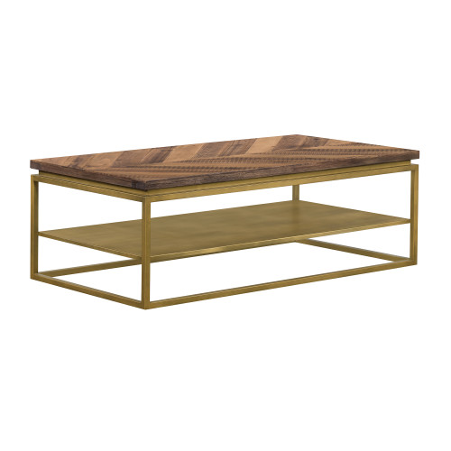 Faye Rustic Brown Wood Coffee Table with Shelf and Antique Brass Metal Base