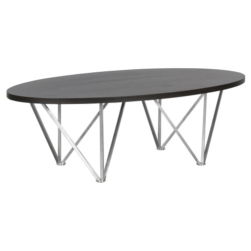 Armen Living Emerald Contemporary Oval Coffee Table in Brushed Stainless Steel with Grey Wood Top