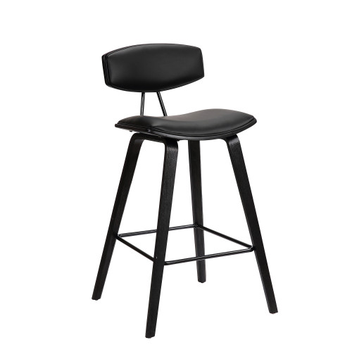 Fox 26" Mid-Century Counter Height Barstool in Black Faux Leather with Black Brushed Wood