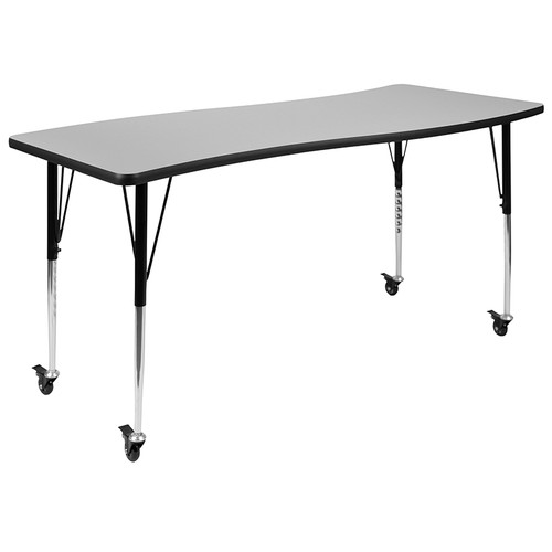 Mobile 26"W x 60"L Rectangular Wave Collaborative Grey Thermal Laminate Activity Table - Standard Height Adjustable Legs [XU-A3060-CON-GY-T-A-CAS-GG]
