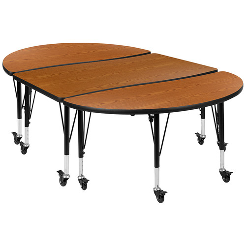 3 Piece Mobile 76" Oval Wave Collaborative Oak Thermal Laminate Activity Table Set - Height Adjustable Short Legs [XU-GRP-A3048CON-48-OAK-T-P-CAS-GG]