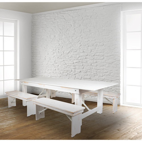 Farmhouse Dining Table Set in Antique Rustic White Stain Finish