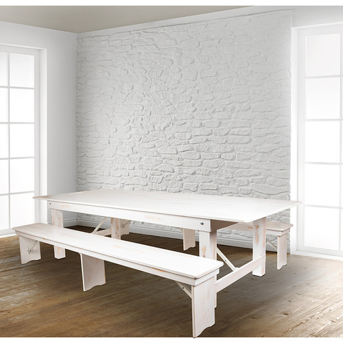 Farmhouse Dining Table Set in Antique Rustic White Stain Finish