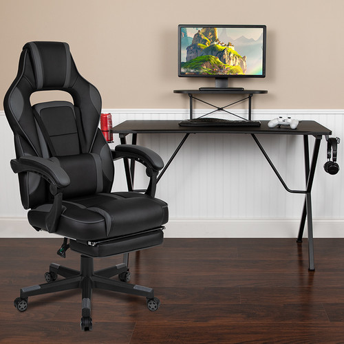 Black Gaming Desk with Cup Holder/Headphone Hook/Monitor Stand & Black Reclining Back/Arms Gaming Chair with Footrest  [BLN-X40RSG1031-BK-GG]