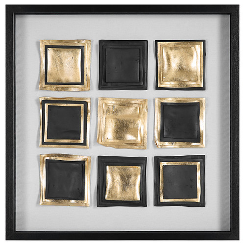 Displaying A Modern Yet Timeless Look, This Wall Art Showcases Handmade Clay Squares Stacked In Varying Layers Of Gold Leaf And Satin Black. A Linen Backing Accents The Design And Is Paired With A Solid Pine Wood Shadow Box Frame In Ebony. May Be Hung Four Ways.