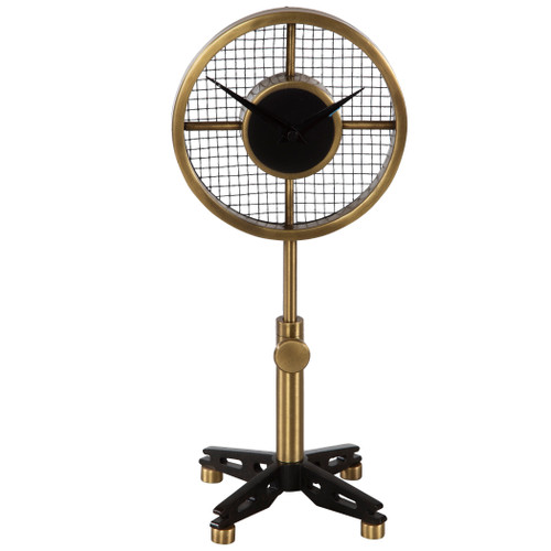 Industrial Feel Table Clock Finished In Antique Brushed Brass And Matte Black. The Neck Is Adjustable From 12.5" To 14" In Height. Quartz Movement Ensures Accurate Timekeeping. Requires One "AA" Battery.