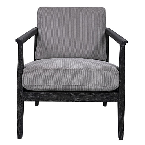 This Refreshing Take On A Modern Accent Chair Features A Curved Open Back Design In Solid Oak Wood. The Dark Ebony Stain Has A Light Gray Glaze Enhancing The Wood Grain. Loose Seat And Back Cushions Are Tailored In A Plush Polyester Channeled Fabric In Steel Gray. Seat Height Is 19".