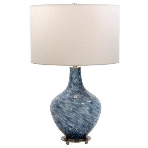 Showcasing A Curved Art Glass Base, This Elegant Table Lamp Features Rich Cobalt Blue And White Tones Displayed In A Soft Swirl Pattern With Brushed Nickel Plated Details.