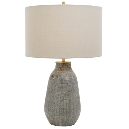 Exhibiting A Handcrafted Look, This Ceramic Table Lamp Features A Textured Finish Reminiscent Of Woven Fabric And Is Finished In Various Shades Of Neutral Grays And Taupe With Rust Brown Accents And Antique Brushed Brass Hardware.