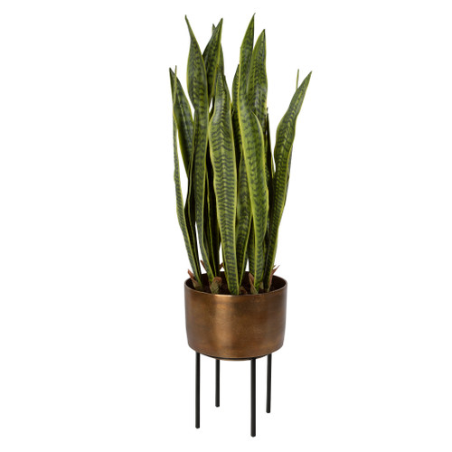 Accent Your Space With This Life-like Snake Plant, Featuring A Contemporary Antique Brass Pot Nested In A Matte Black Metal Stand.