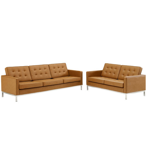 Loft Tufted Upholstered Faux Leather Sofa and Loveseat Set EEI-4106-SLV-TAN-SET