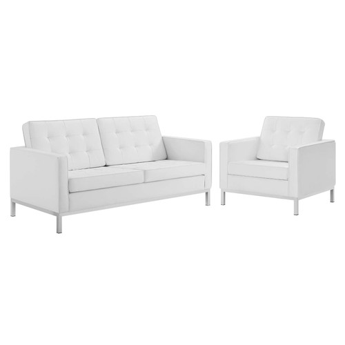 Loft Tufted Upholstered Faux Leather Loveseat and Armchair Set EEI-4102-SLV-WHI-SET