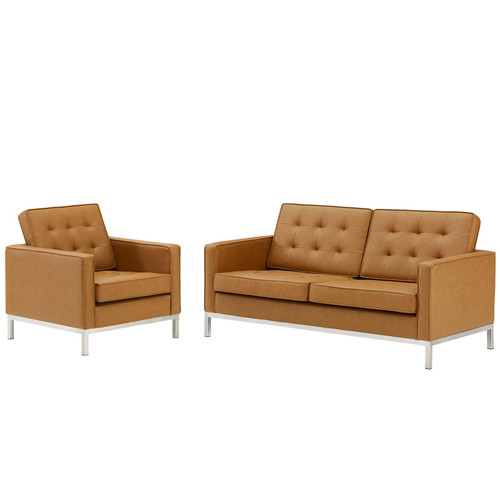 Loft Tufted Upholstered Faux Leather Loveseat and Armchair Set EEI-4102-SLV-TAN-SET