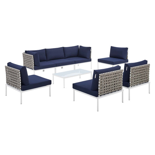 Harmony 8-Piece  Sunbrella® Basket Weave Outdoor Patio Aluminum Sectional Sofa Set EEI-4939-TAN-NAV-SET