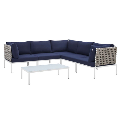 Harmony 6-Piece  Sunbrella® Basket Weave Outdoor Patio Aluminum Sectional Sofa Set EEI-4927-TAN-NAV-SET