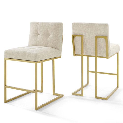 Privy Gold Stainless Steel Upholstered Fabric Counter Stool Set of 2 EEI-4154-GLD-BEI