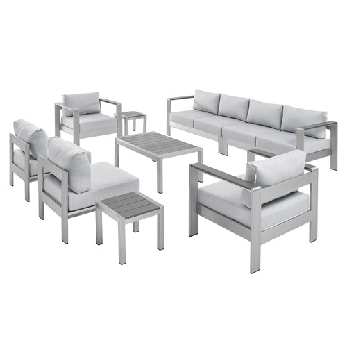 Shore Sunbrella® Fabric Outdoor Patio Aluminum 9 Piece Sectional Sofa Set EEI-4320-SLV-GRY-SET