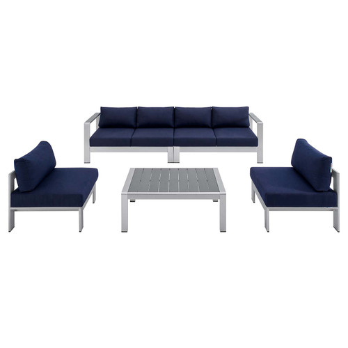 Shore Sunbrella® Fabric Outdoor Patio Aluminum 5 Piece Sectional Sofa Set EEI-4318-SLV-NAV-SET