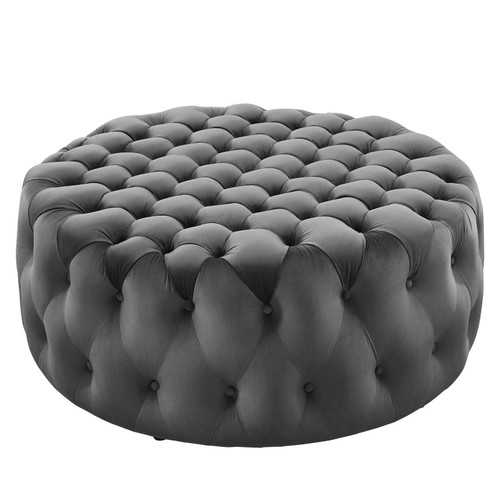 Amour Tufted Button Large Round Performance Velvet Ottoman EEI-5469-GRY