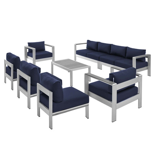 Shore Sunbrella® Fabric Outdoor Patio Aluminum 8 Piece Sectional Sofa Set EEI-5482-SLV-NAV-SET