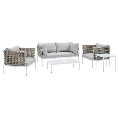 Harmony 5-Piece  Sunbrella® Basket Weave Outdoor Patio Aluminum Seating Set EEI-4693-TAN-GRY-SET