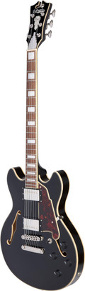 D’Angelico Premier Mini DC Semi-Hollow Electric Guitar in Solid Black - DAPMDCSBKNS-Full-Angle.jpg