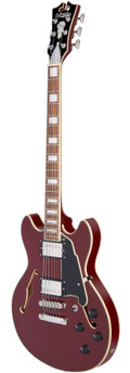 D’Angelico Premier Mini DC Semi-Hollow Electric Guitar in Burnt Red - DAPMDCBRDNS-Angle.jpg