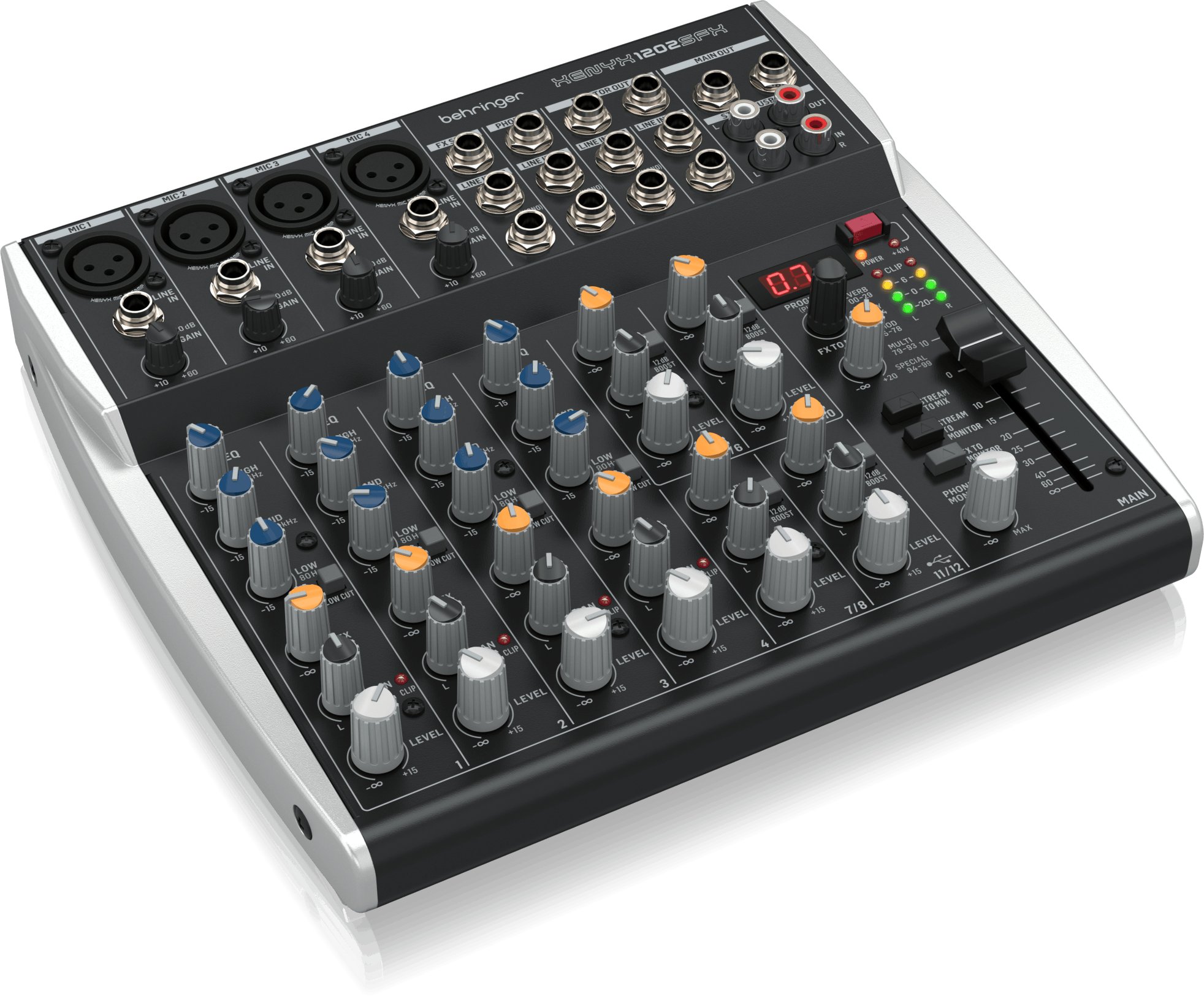 Behringer XENYX 1202SFX Mixer with USB Streaming Interface & Klark Teknik Effects - 0601-AHS86-UK1-Behringer_XENYX_1202SFX_Mixing_Desk_Left_Tilt.jpg