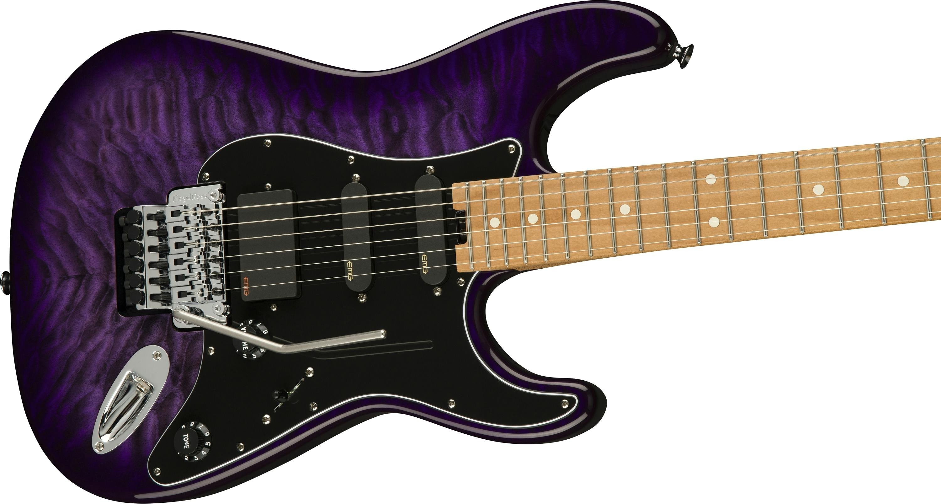 Charvel Marco Sfogli Signature Pro-Mod So-Cal Style 1 HSS FR CM QM Electric Guitar in Transparent Purple Burst - 517271-Charvel-Marco-Sfogli-Pro-Mod-So-Cal-Style-1-HSS-FR-CM-QM-Purple-Angle.jpg