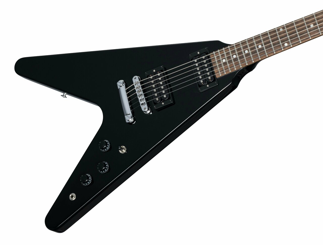 Gibson USA '80s Flying V Electric Guitar in Ebony - DSVE00EBCH1-Gibson-80s-Flying-V-Ebony-Angle.jpg