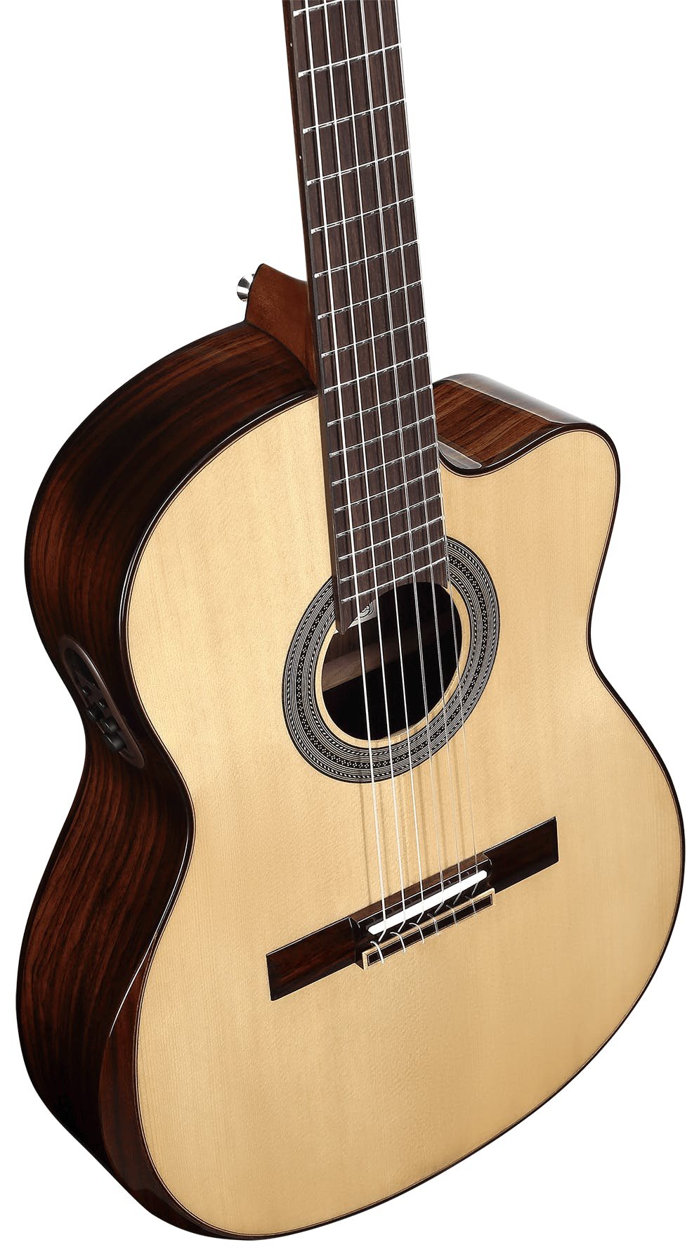 Alvarez Artist AC70HCE Classical Hybrid Electro Acoustic in Natural with Cutaway - AC70HCESPBAR-Alvarez-Artist-Classical-Hybrid-Cutaway-Bevel-Spruce-top-Rosewood-back-Natural-LR-Baggs-SPB-Down.jpg