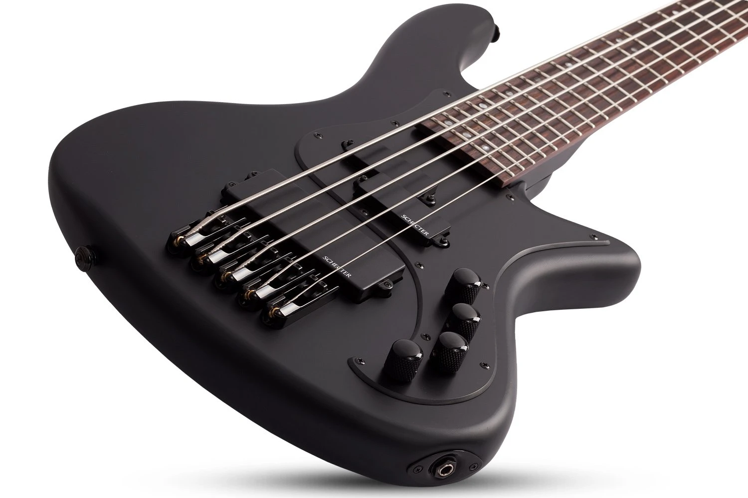 Schecter Stiletto Stealth 5-String Bass Guitar in Satin Black - STILETTO STEALTH 5 SBK LAYING.jpg