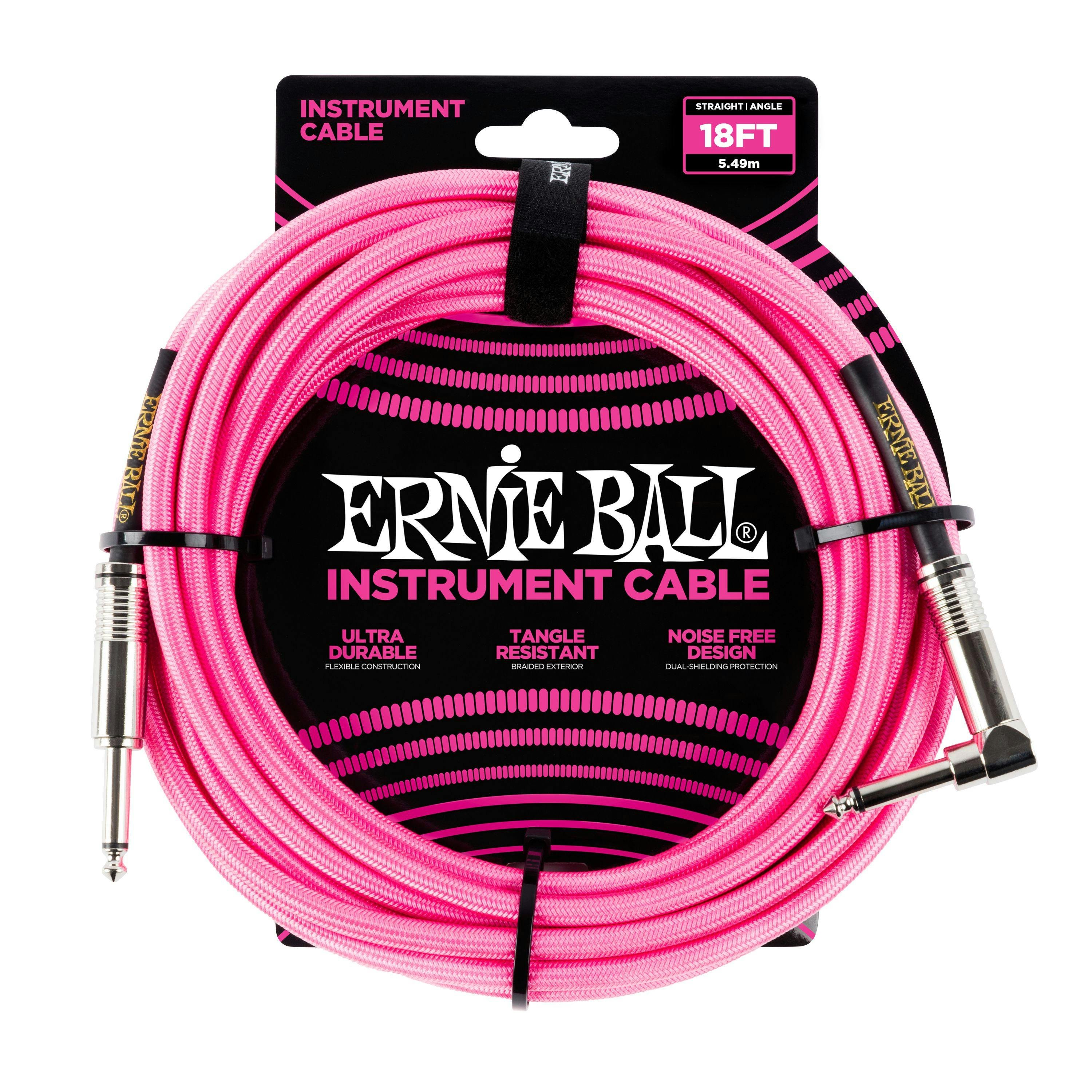 Ernie Ball 18 ft Braided Guitar Cable in Neon Pink with Straight Jack to Angled Jack - 444788-P06083.jpg