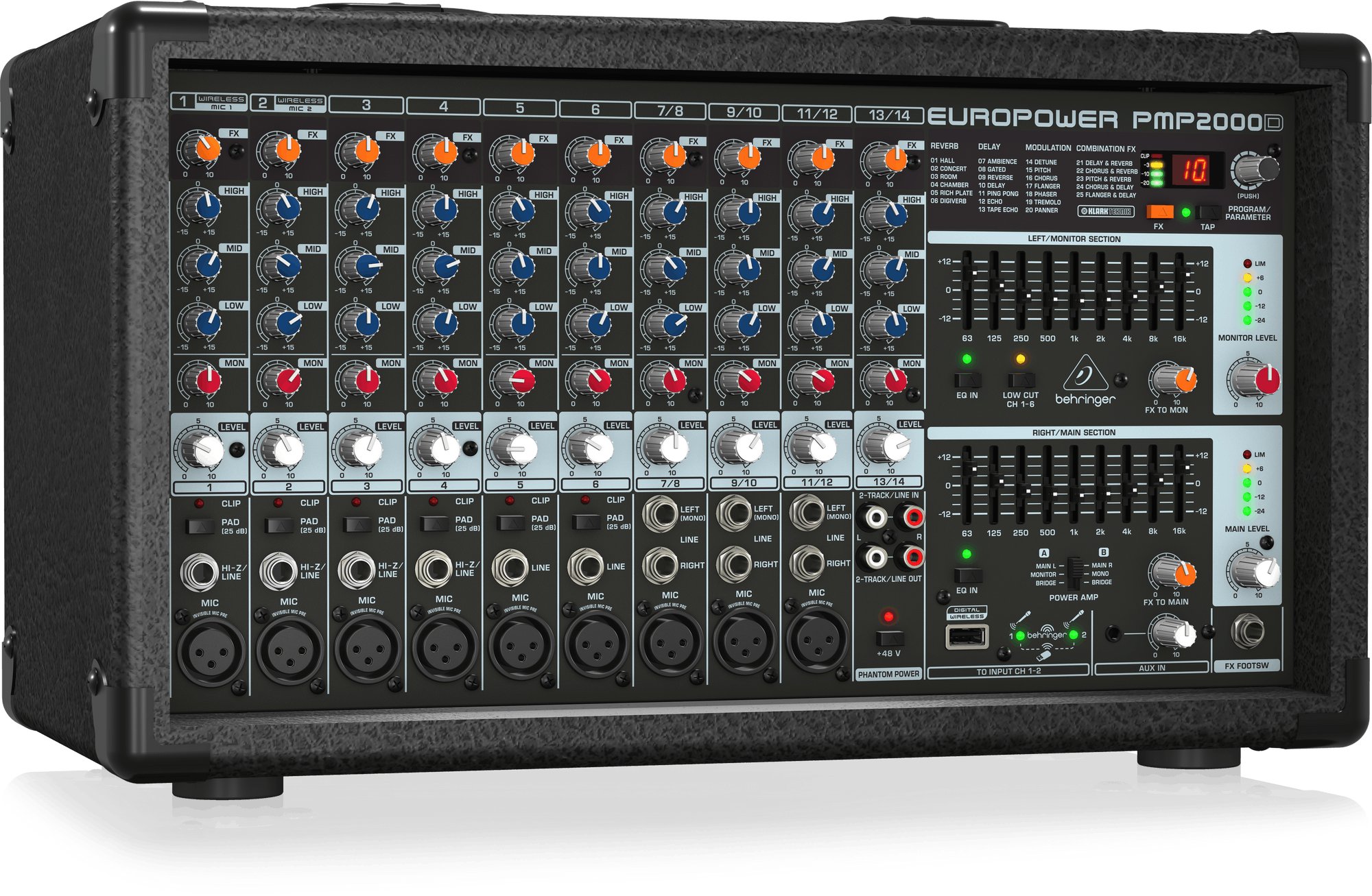 Behringer PMP2000D 2000-Watt 14-Channel Powered Mixer with Klark
