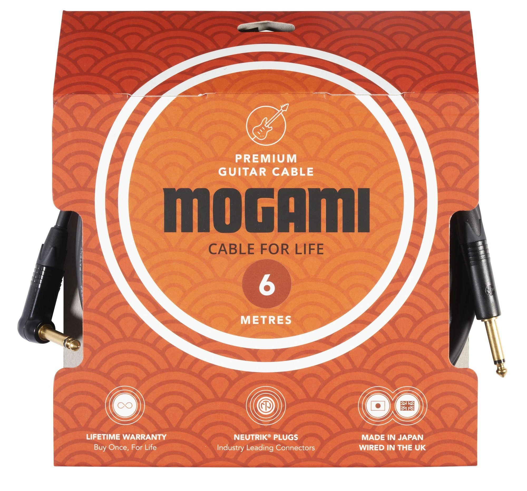 Mogami 2524 RA 6m Guitar Lead Terminated with Neutrik Black and Gold Right 1/4″ Jacks (One Straight One Right Angled) - J2R-25240-J2-6 Front.jpg