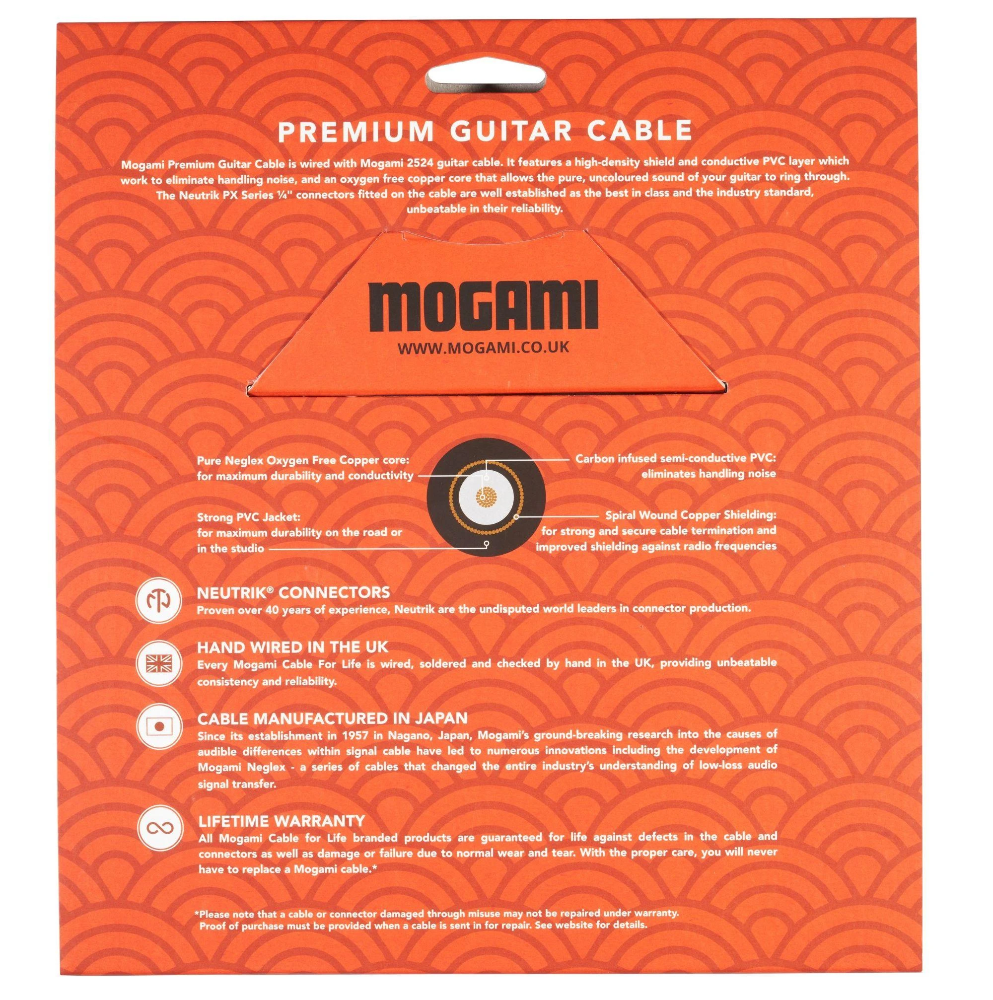 Mogami 2524 RA 3m Guitar Lead Terminated with Neutrik Black and Gold Right 1/4″ Jacks (One Straight One Right Angled) - Premium Guitar Back (1).jpg