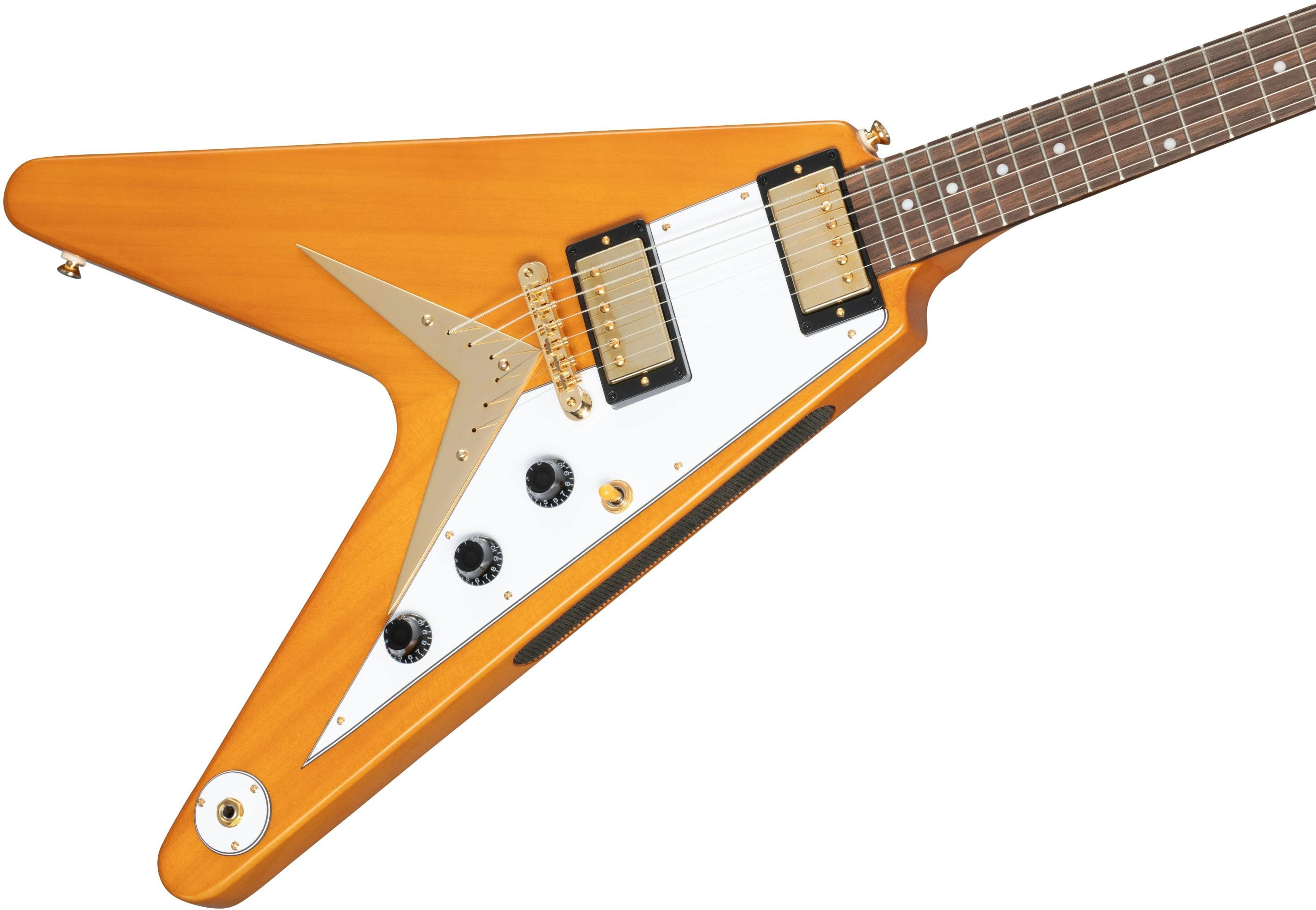 Epiphone 1958 Korina Flying V Electric Guitar in Aged Natural with White Pickguard - IGCKFVWANAGH1-Epiphone-1958-Korina-Flying-V-Angle.jpg