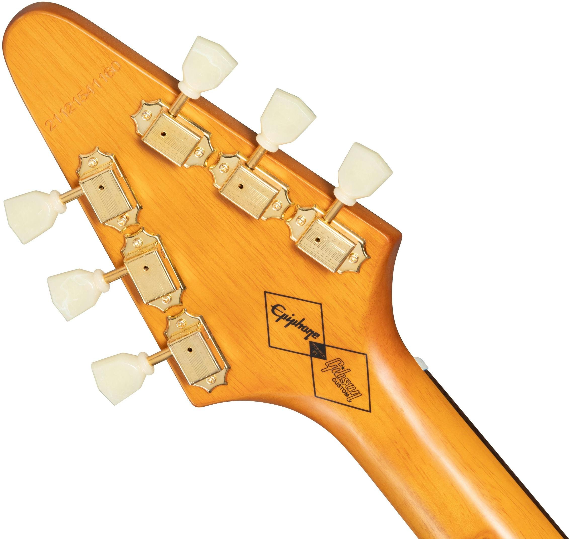 Epiphone 1958 Korina Flying V Electric Guitar in Aged Natural with White Pickguard - IGCKFVWANAGH1-Epiphone-1958-Korina-Flying-V-Headstock-Back.jpg