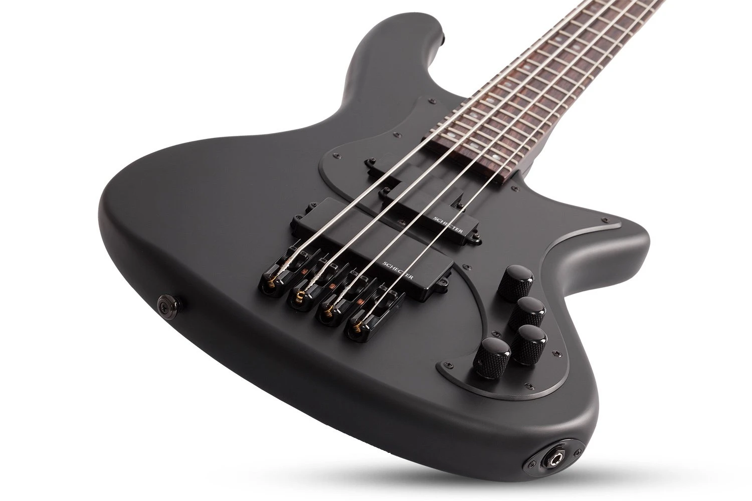 Schecter Stiletto Stealth-4 Bass Guitar in Satin Black - STILETTO STEALTH 4 SBK LAYING.jpg