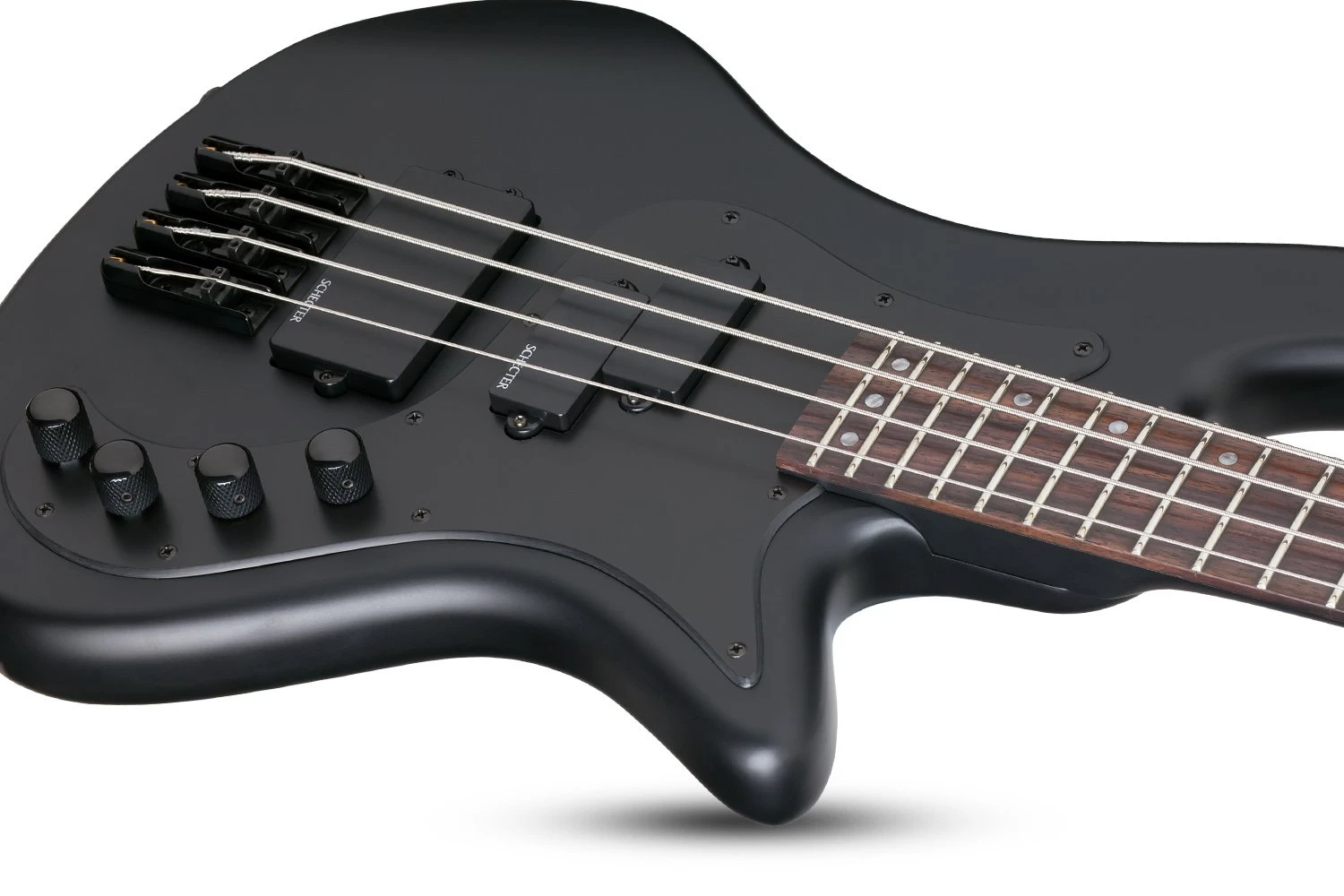 Schecter Stiletto Stealth-4 Bass Guitar in Satin Black - STILETTO STEALTH 4 SBK DOWNSHOT.jpg